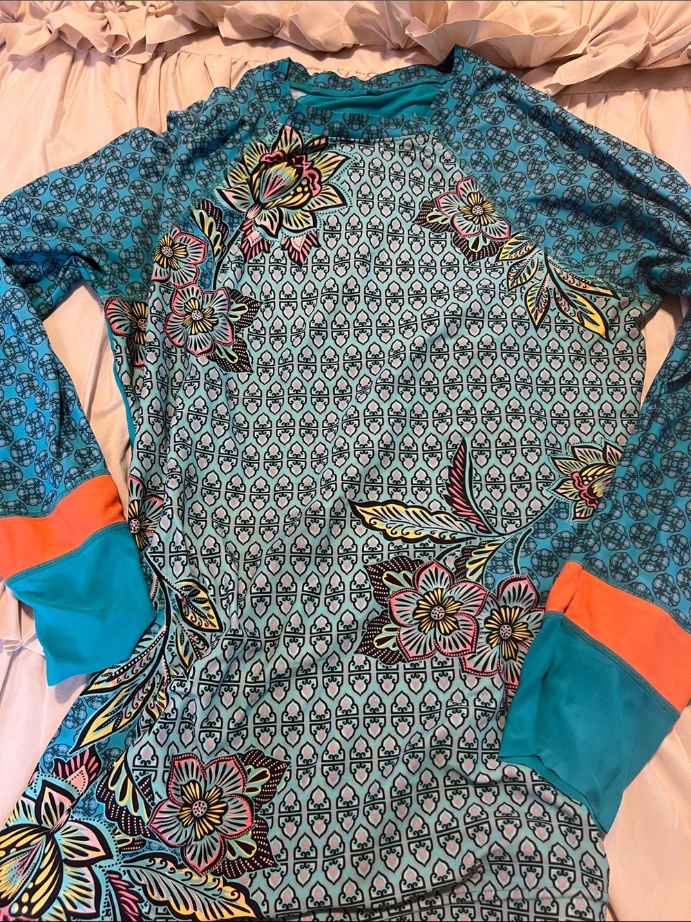 Prana Teal, Orange and Yellow Floral-Print Long Sleeve Tee